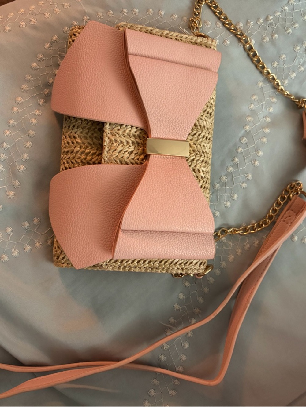 Straw Crossbody Bag with Pink Bow Accent